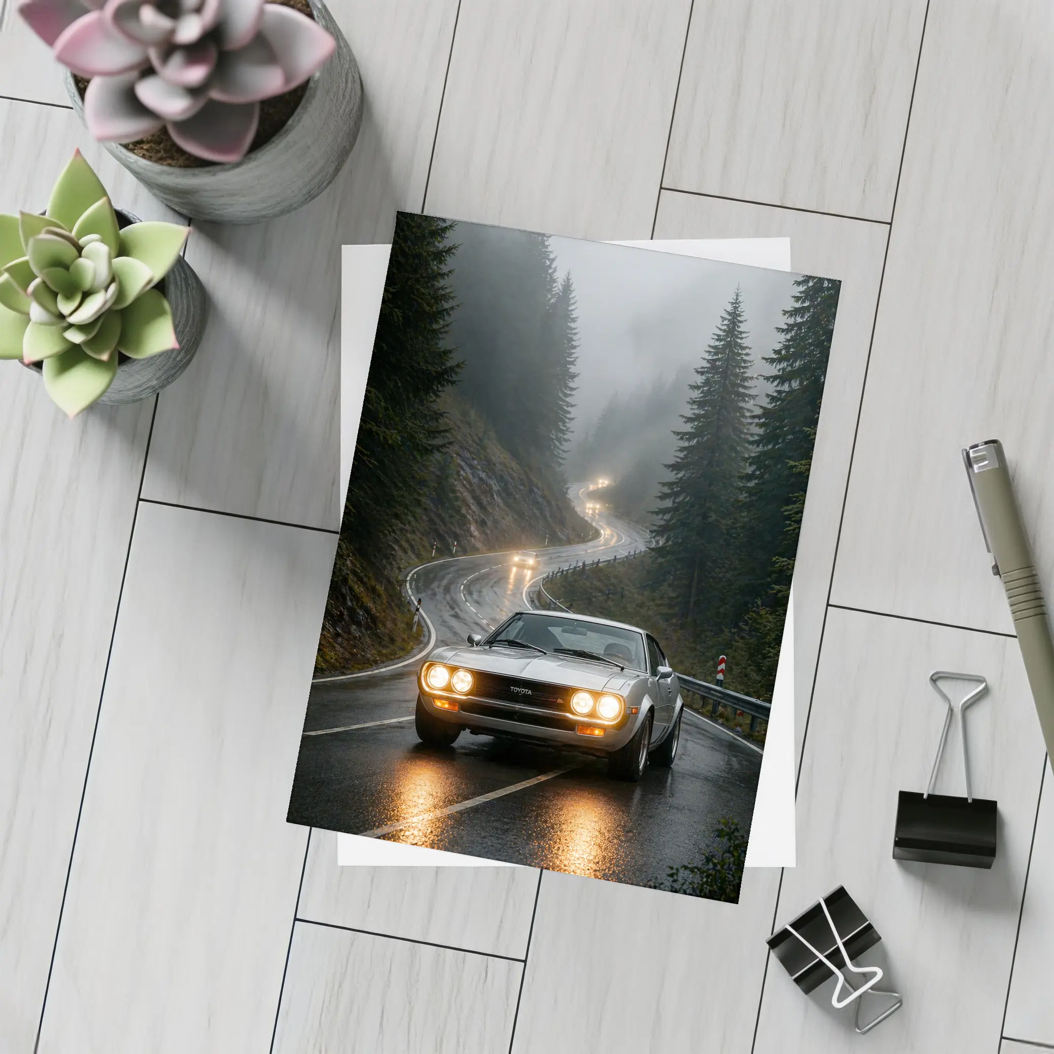 Toyota Celica on Foggy Mountain Road – Postcards