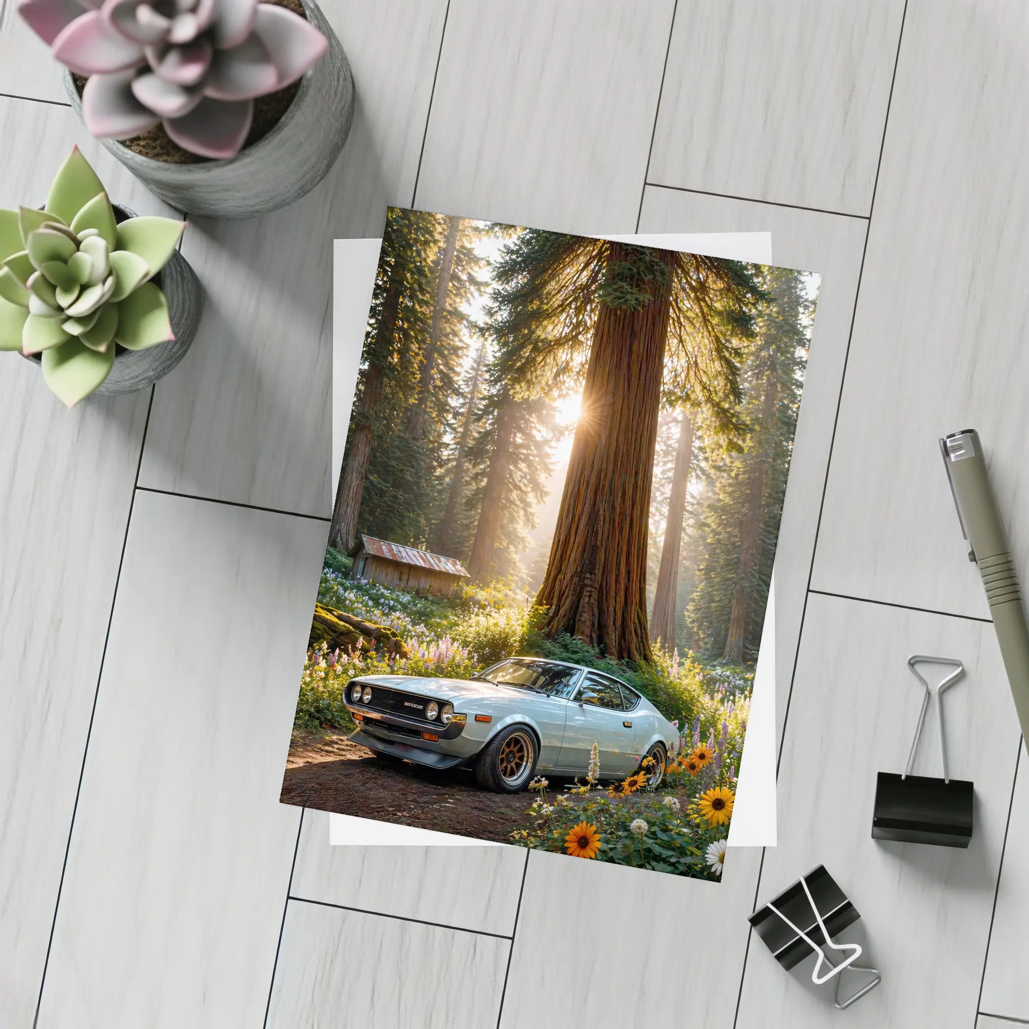 Toyota Celica Parked In Sunlit Forest – Postcards