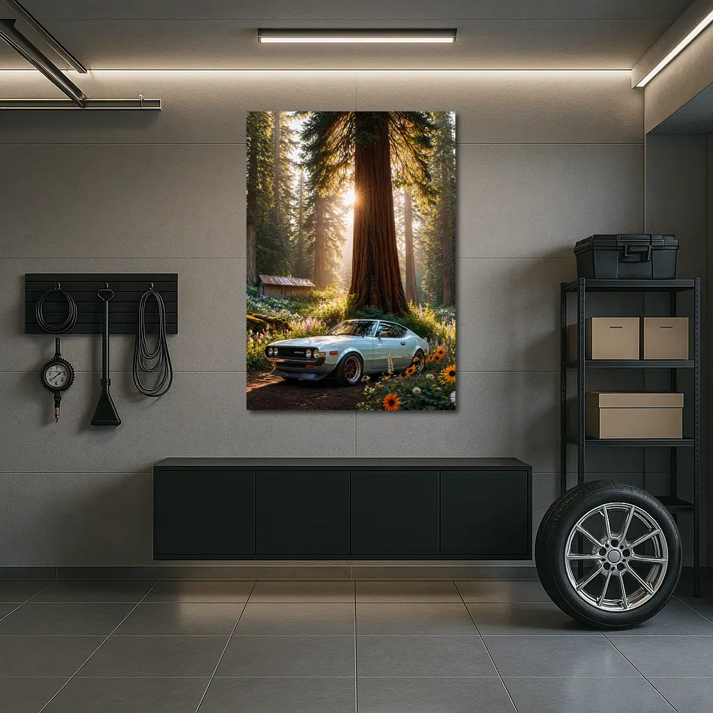Toyota Celica Parked In Sunlit Forest – Wall Art