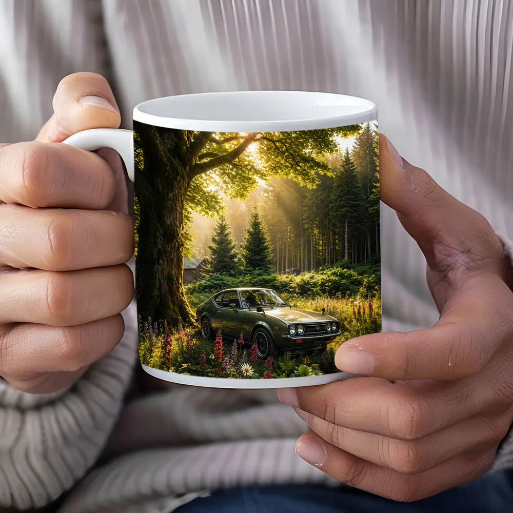 Toyota Celica Parked in Sunlit Forest – Mugs