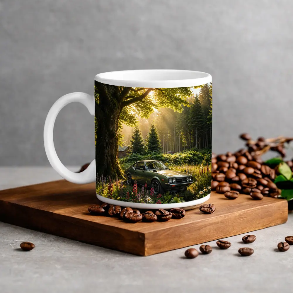 Toyota Celica Parked in Sunlit Forest – Mugs