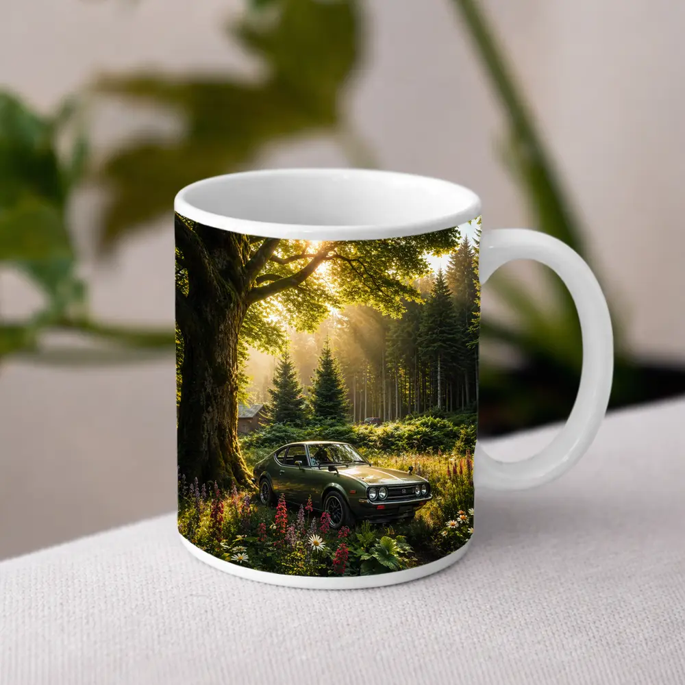 Toyota Celica Parked in Sunlit Forest – Mugs