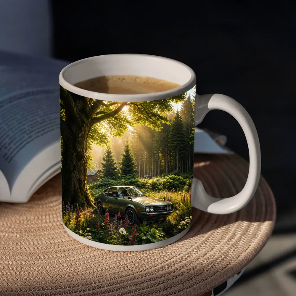Toyota Celica Parked in Sunlit Forest – Mugs