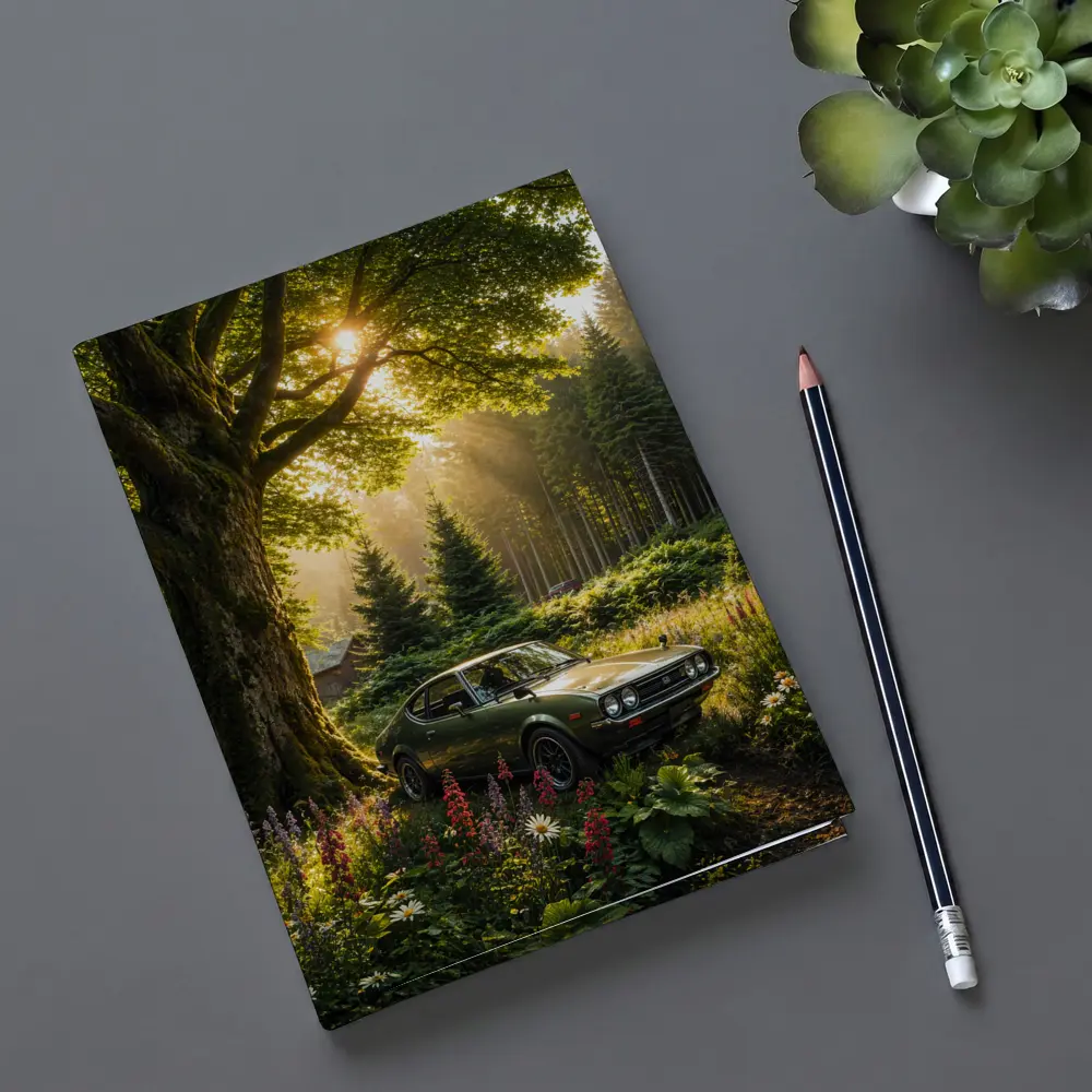 Toyota Celica Parked in Sunlit Forest – Notebooks