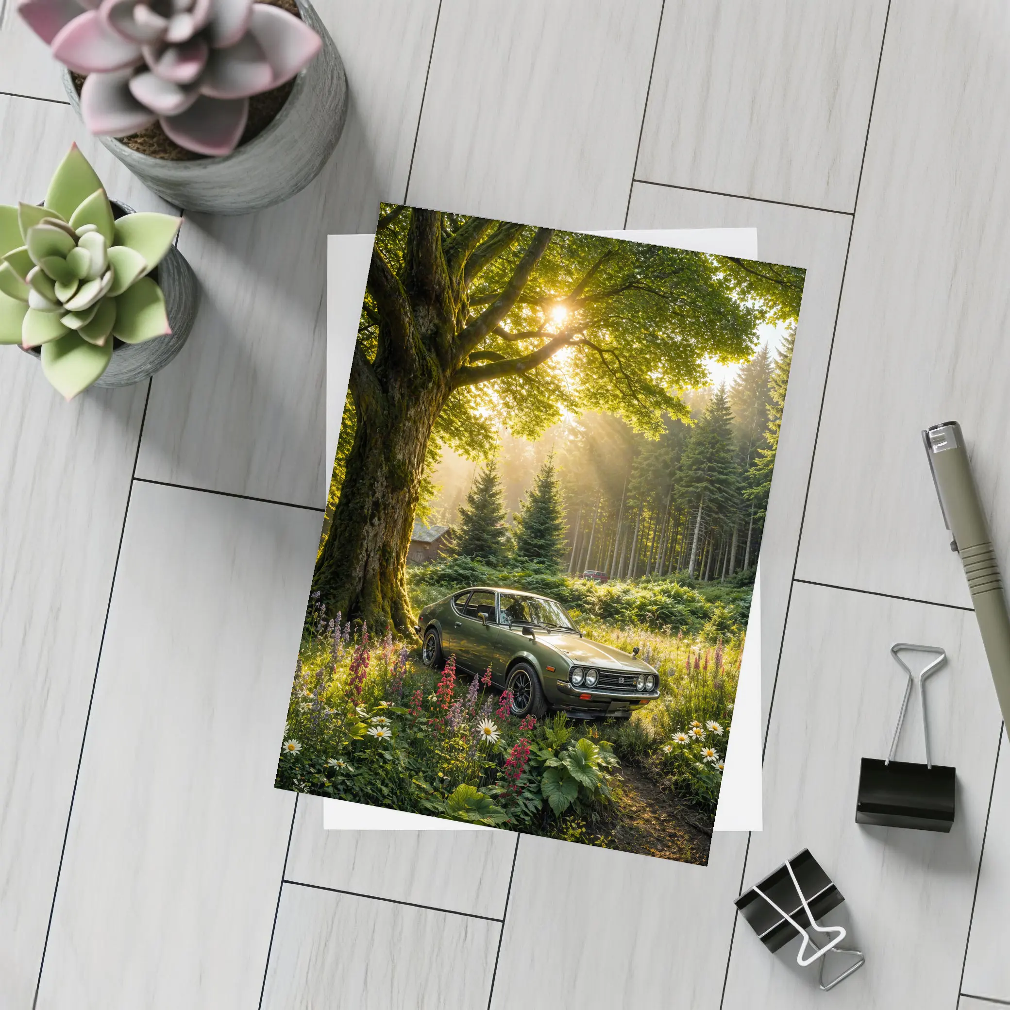 Toyota Celica Parked in Sunlit Forest – Postcards