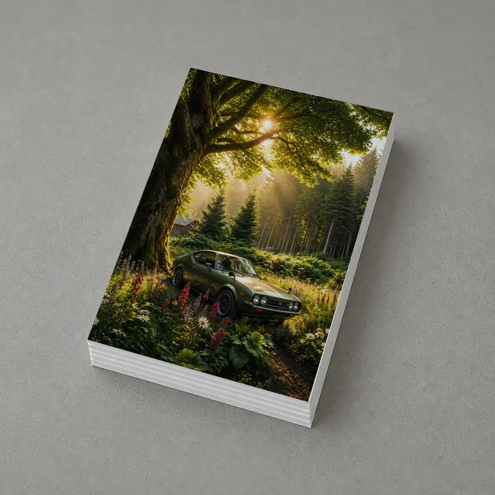 Toyota Celica Parked in Sunlit Forest – Postcards