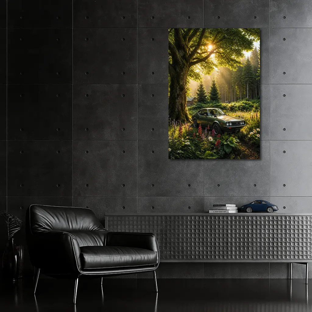Toyota Celica Parked in Sunlit Forest – Wall Art