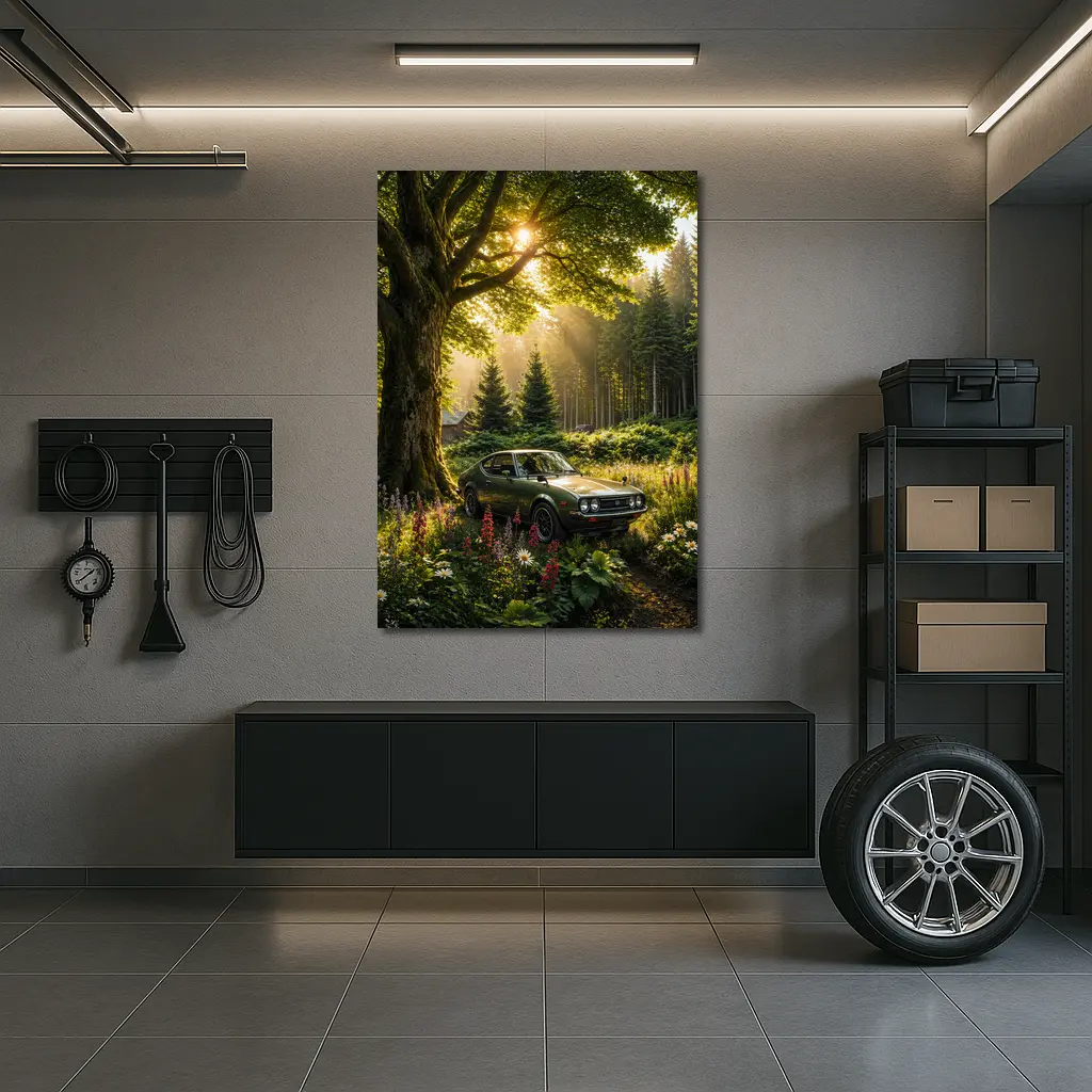 Toyota Celica Parked in Sunlit Forest – Wall Art