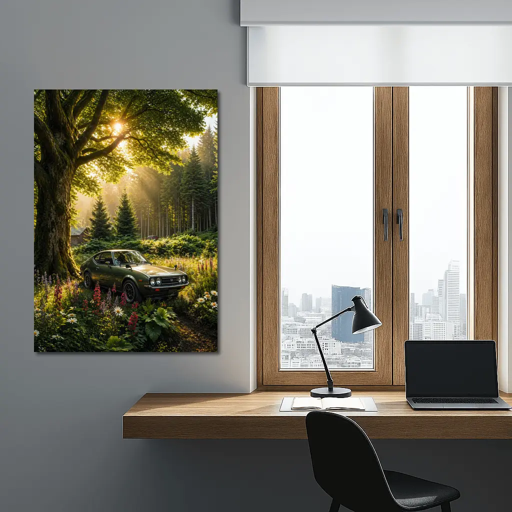 Toyota Celica Parked in Sunlit Forest – Wall Art