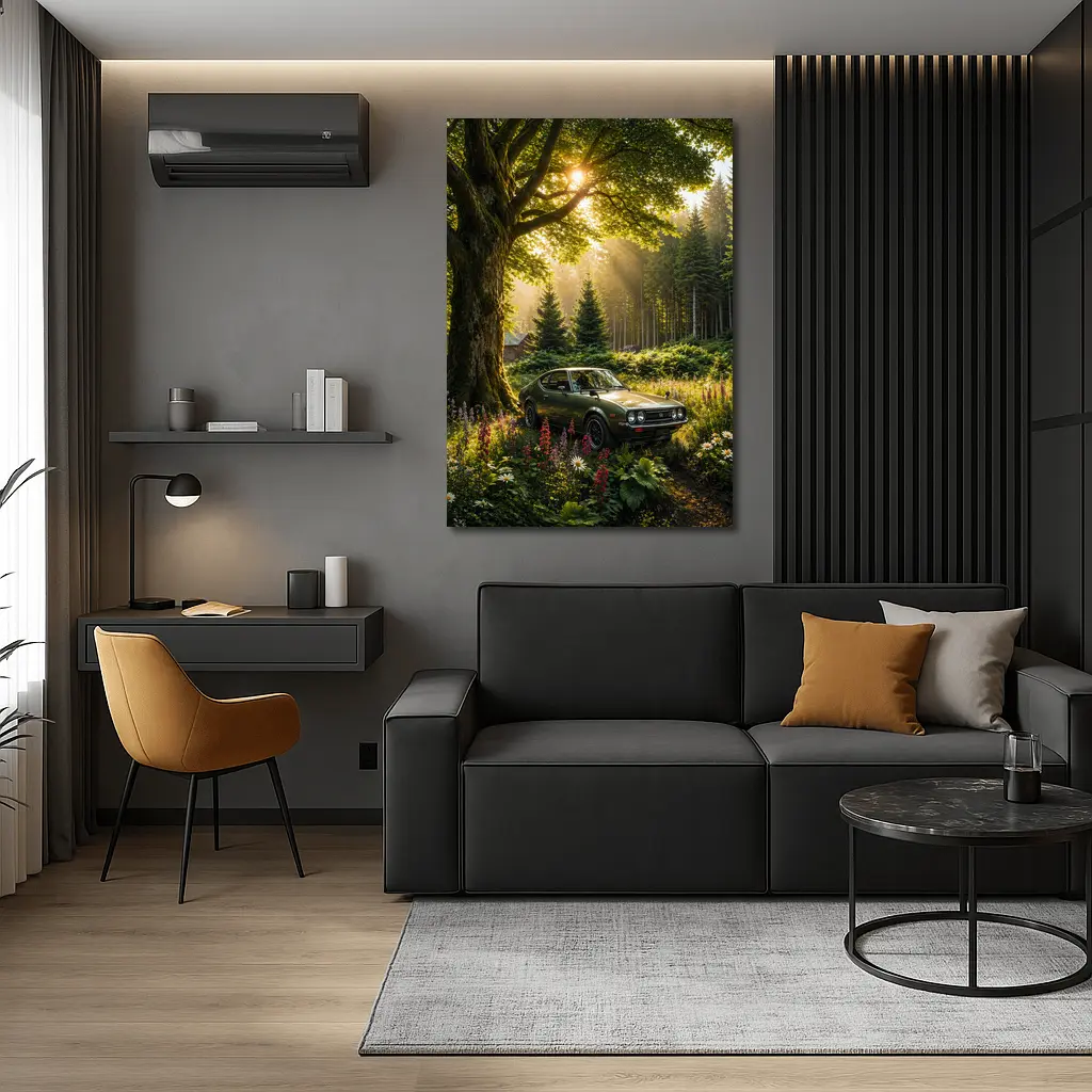 Toyota Celica Parked in Sunlit Forest – Wall Art