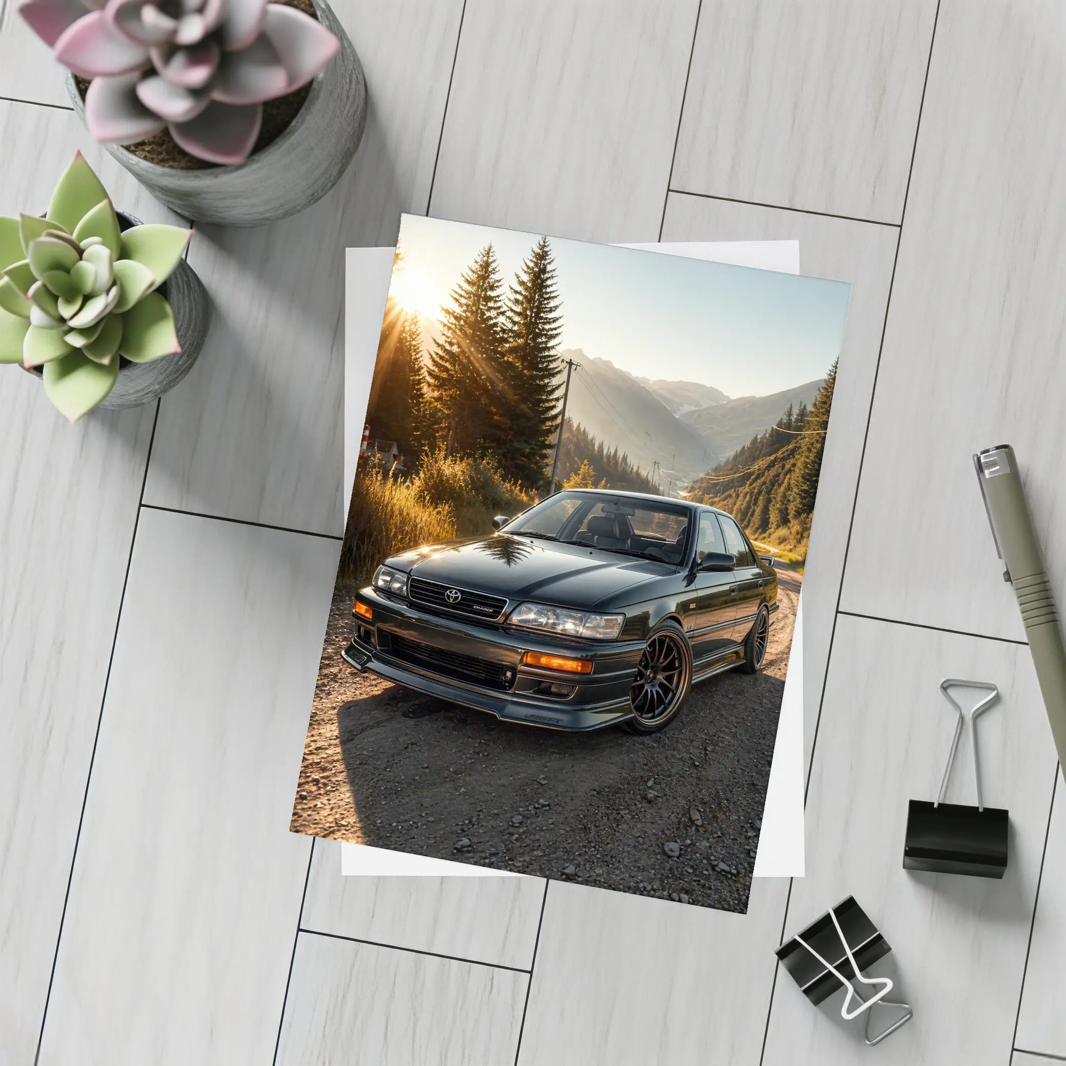 Toyota Chaser Sport Parked Mountain Sunset Road – Postcards