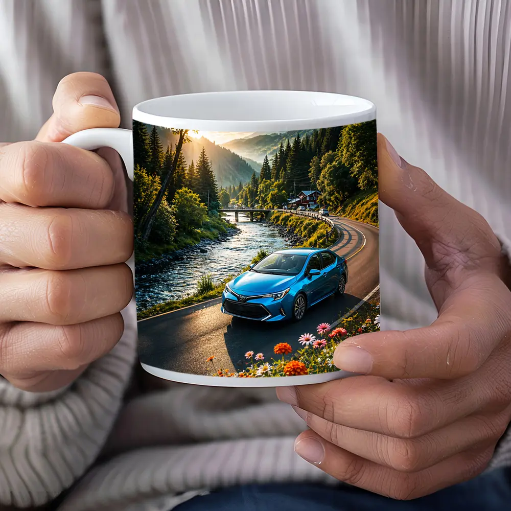 Toyota Corolla Blue Car Mountain River Road – Mugs