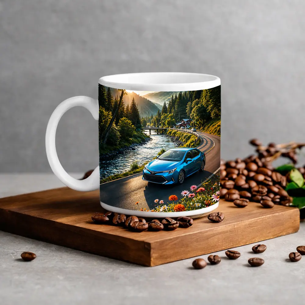 Toyota Corolla Blue Car Mountain River Road – Mugs