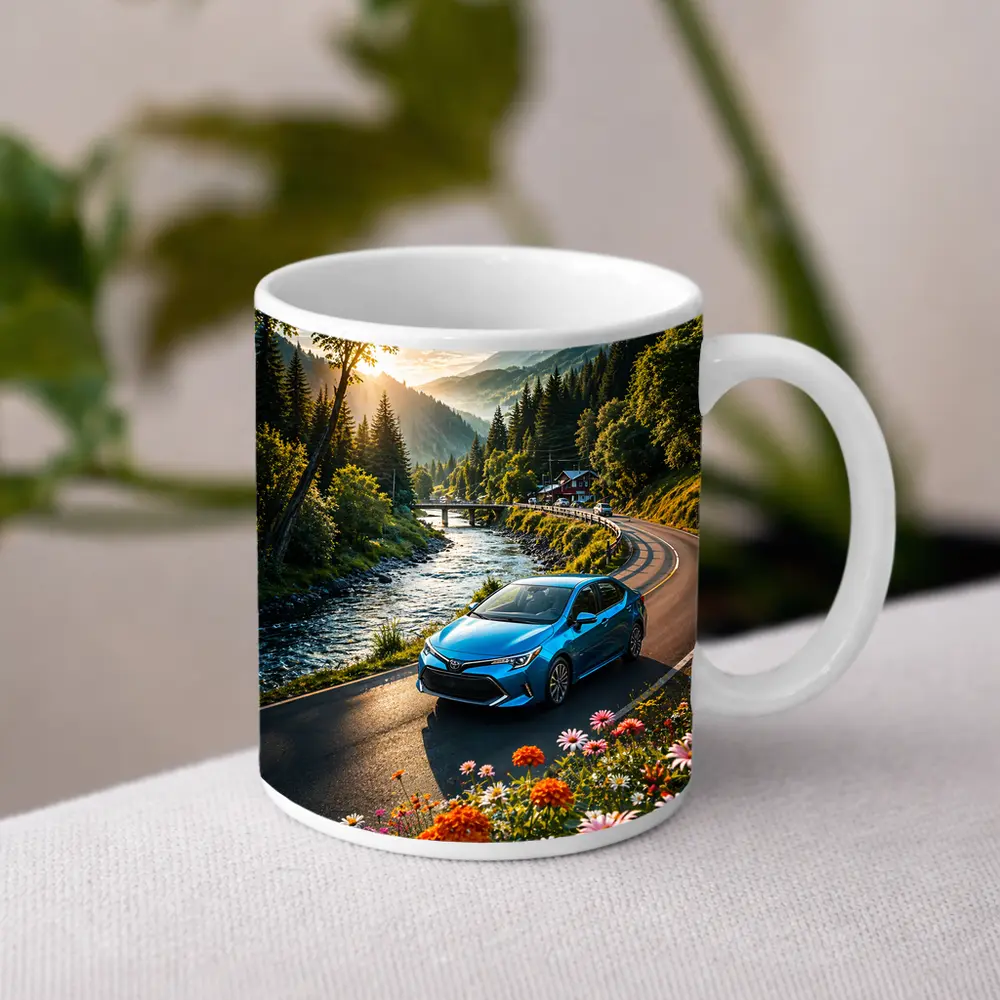 Toyota Corolla Blue Car Mountain River Road – Mugs
