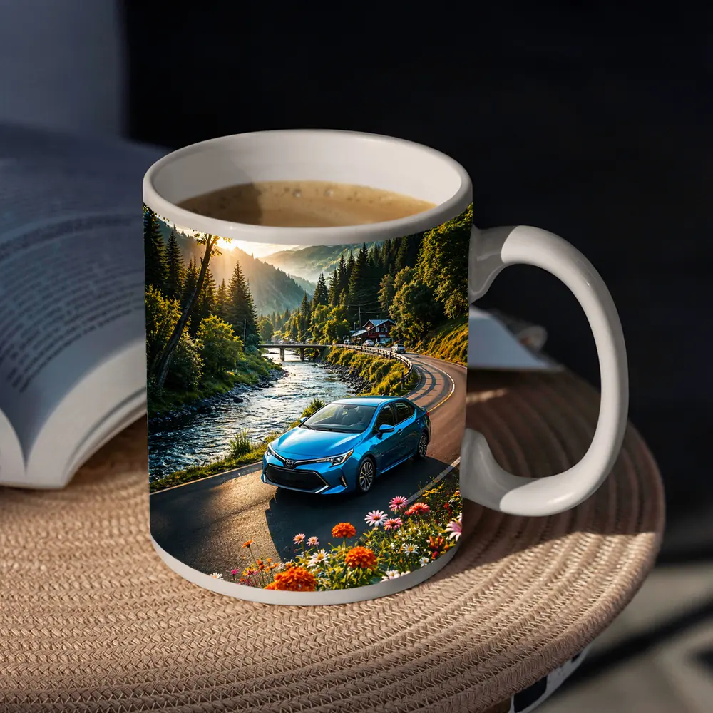 Toyota Corolla Blue Car Mountain River Road – Mugs