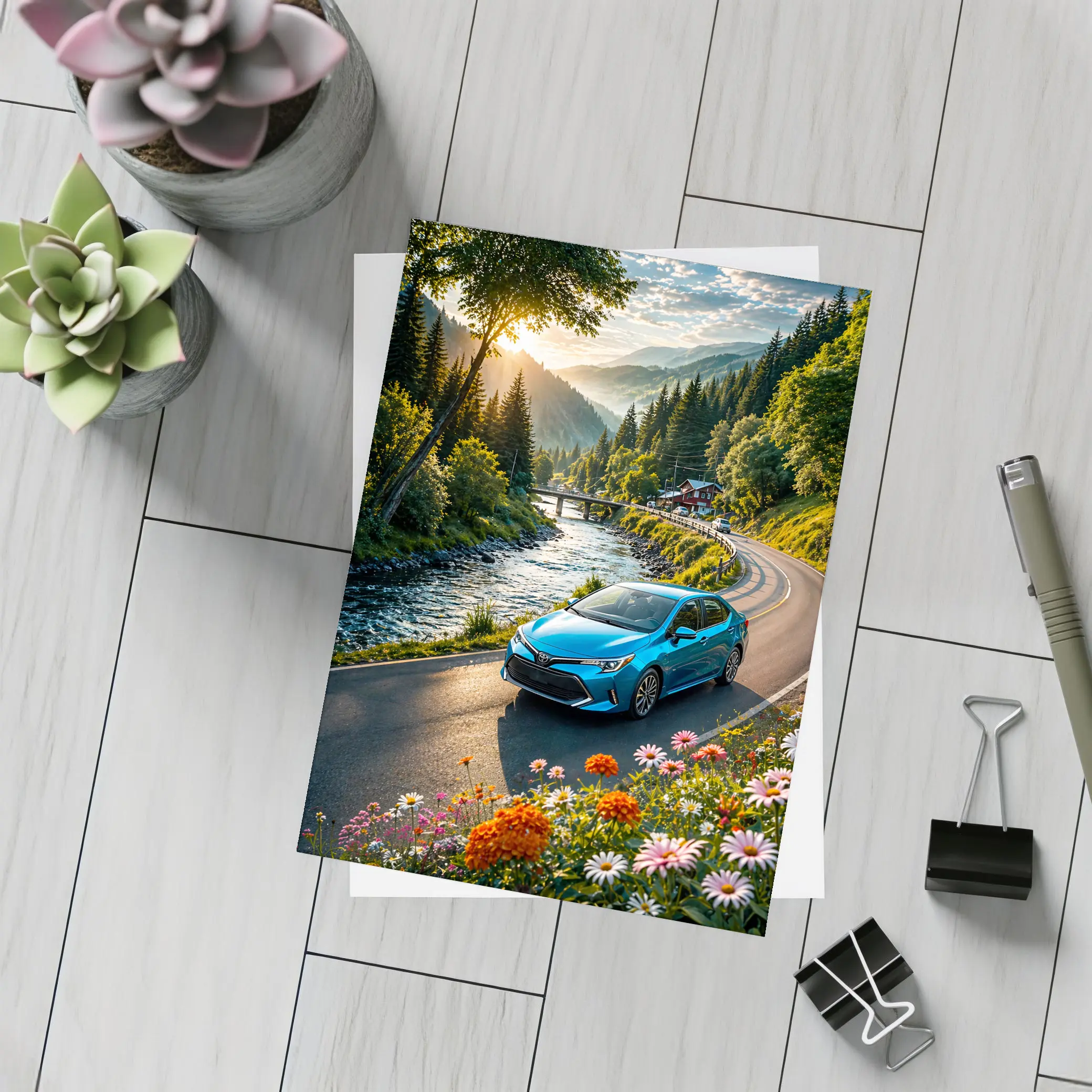 Toyota Corolla Blue Car Mountain River Road – Postcards