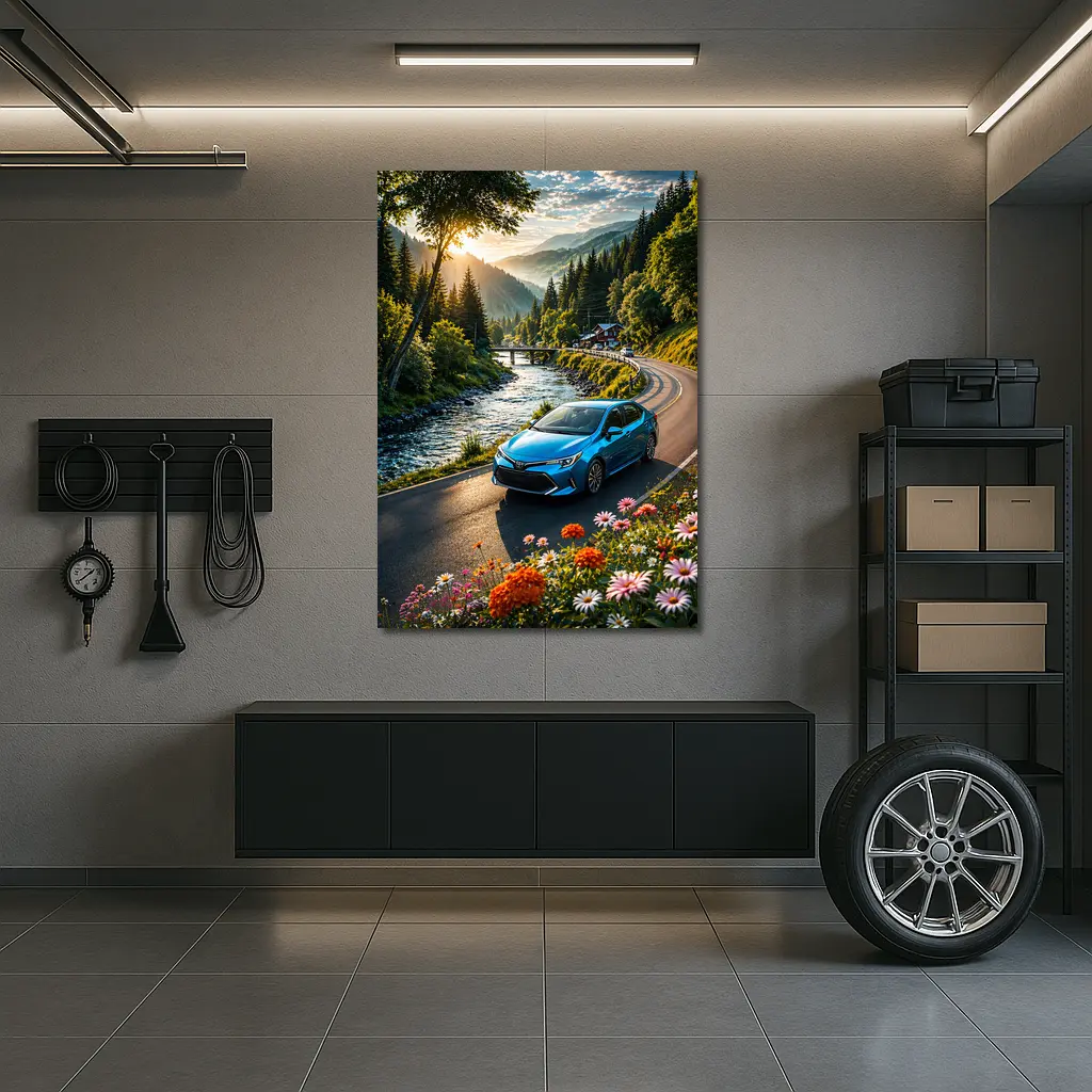 Toyota Corolla Blue Car Mountain River Road – Wall Art