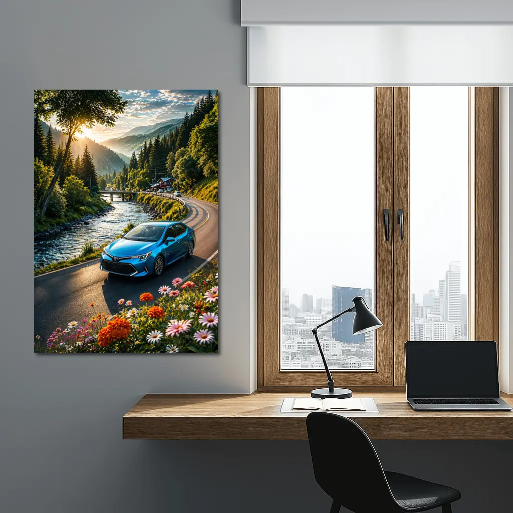 Toyota Corolla Blue Car Mountain River Road – Wall Art