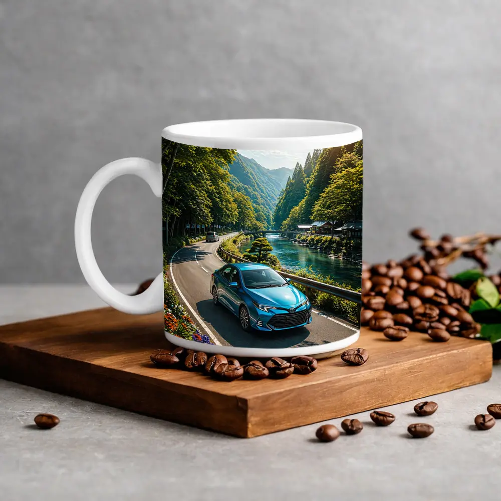Toyota Corolla Blue Car Mountain River Road – Mugs
