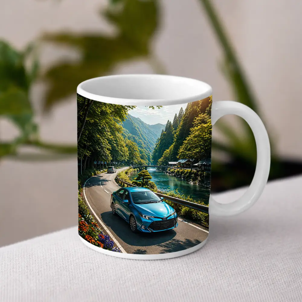 Toyota Corolla Blue Car Mountain River Road – Mugs