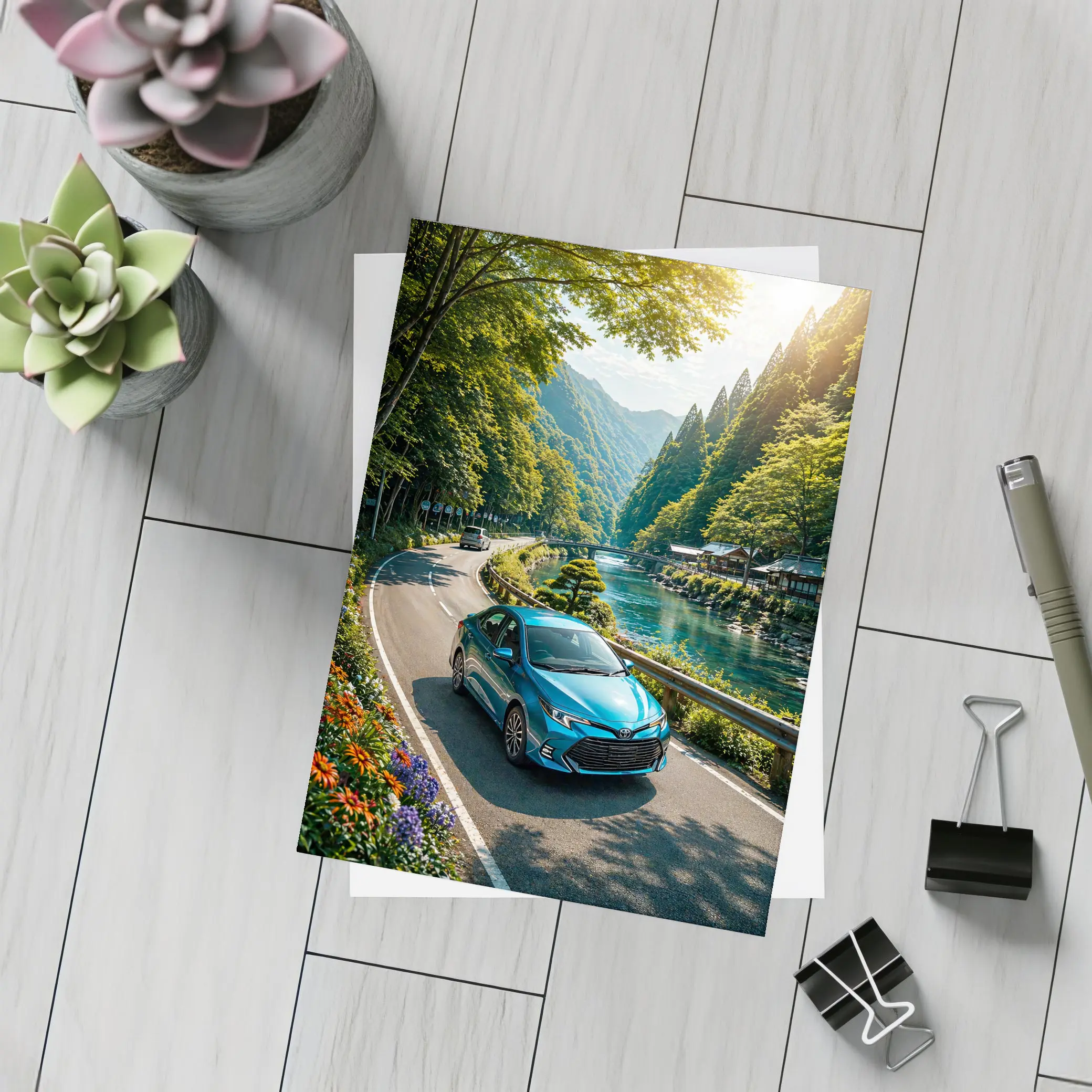 Toyota Corolla Blue Car Mountain River Road – Postcards