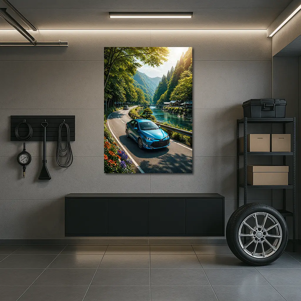 Toyota Corolla Blue Car Mountain River Road – Wall Art