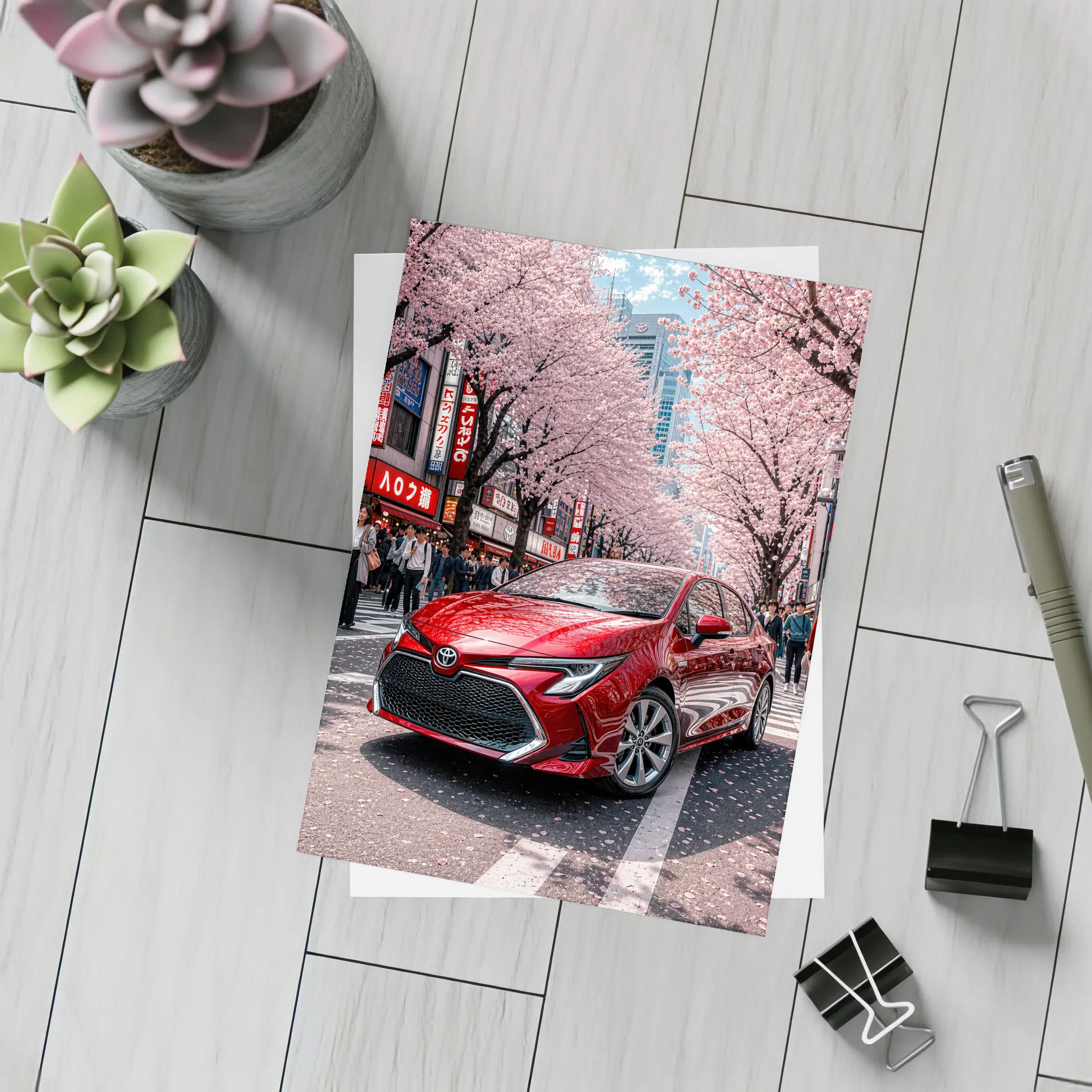 Toyota Corolla Red Cherry Blossoms Tokyo Street – Postcards