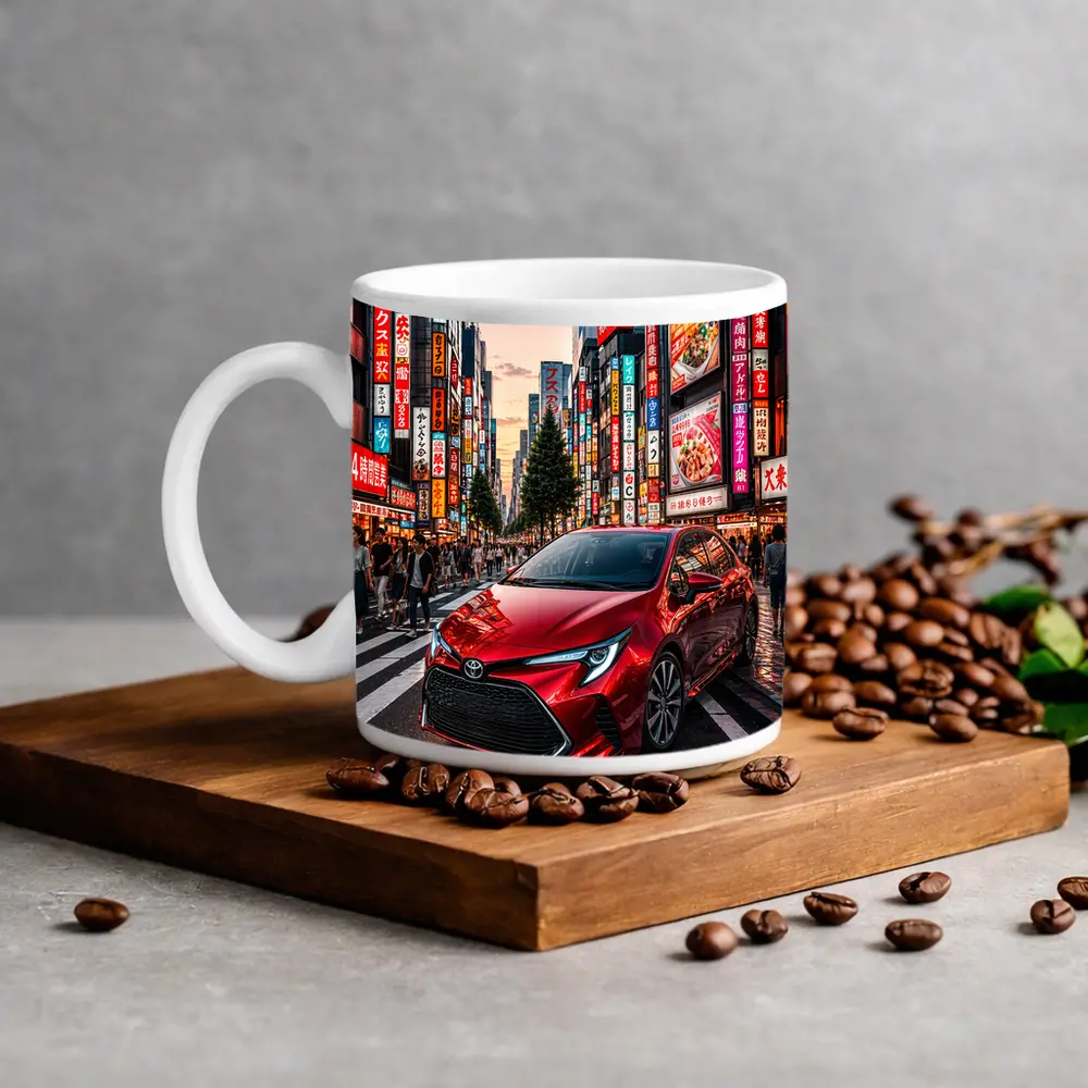 Red Toyota Corolla Tokyo City Streets – Mugs