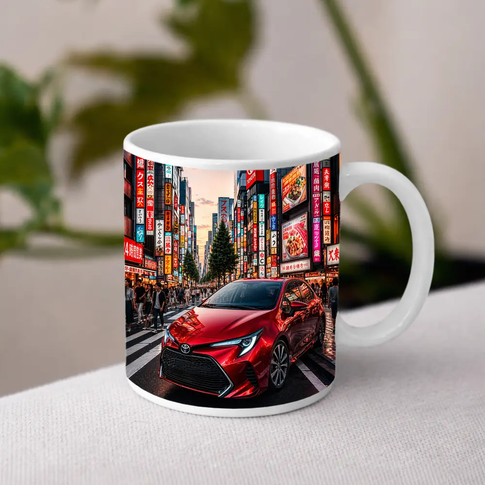 Red Toyota Corolla Tokyo City Streets – Mugs