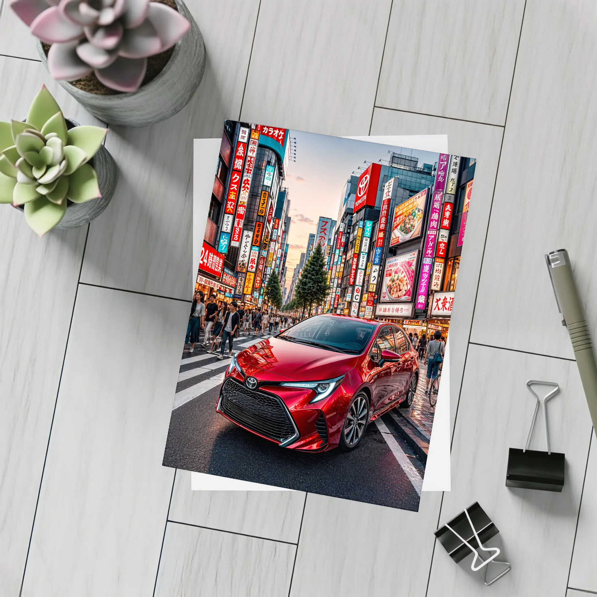Red Toyota Corolla Tokyo City Streets – Postcards