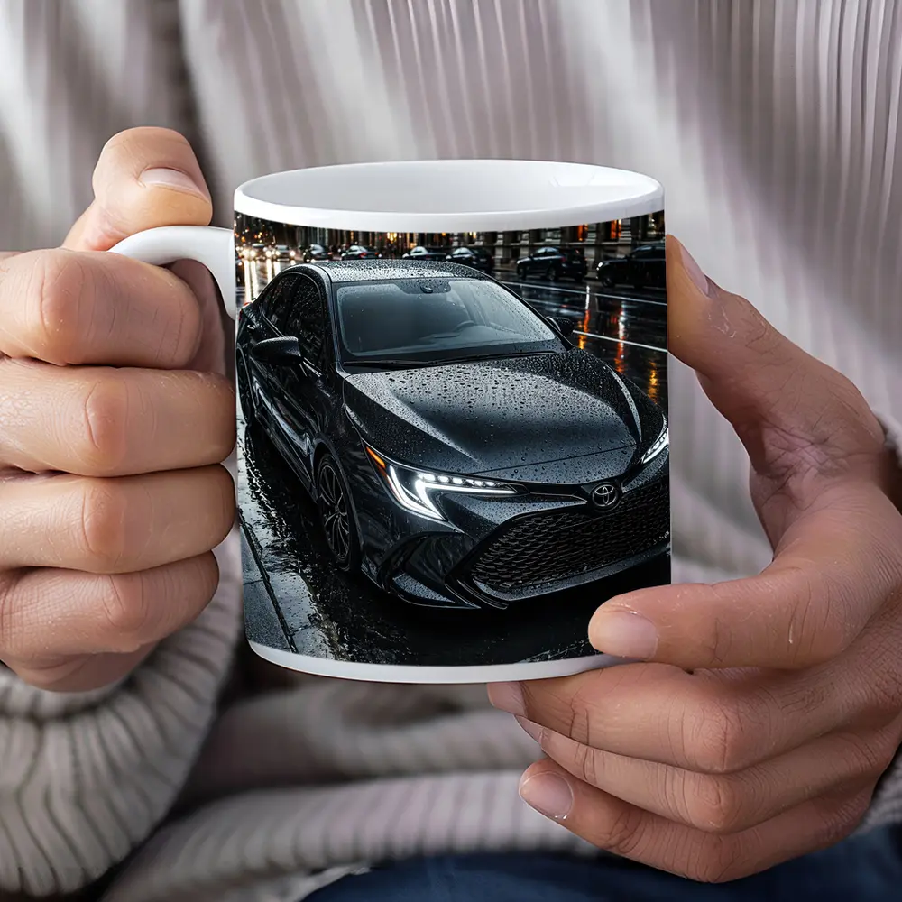 Toyota Corolla Black Rain Wet City Street – Mugs