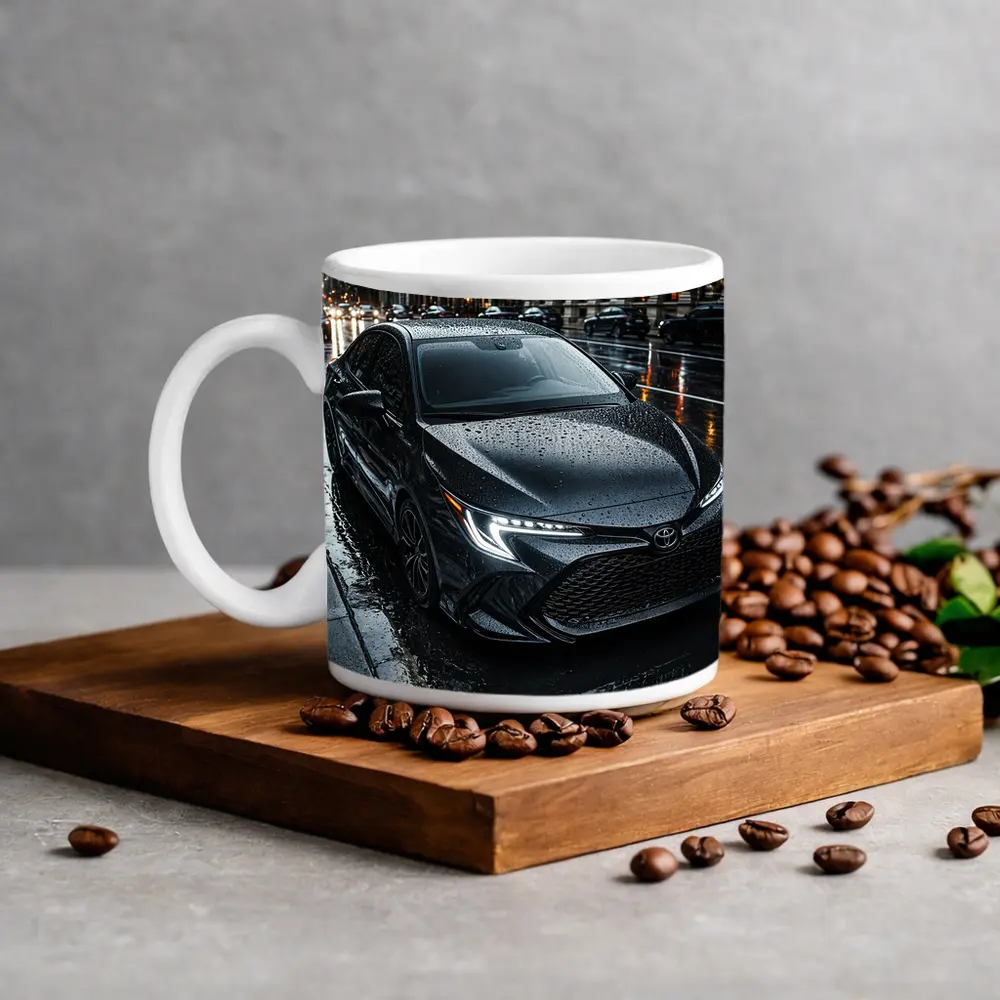 Toyota Corolla Black Rain Wet City Street – Mugs