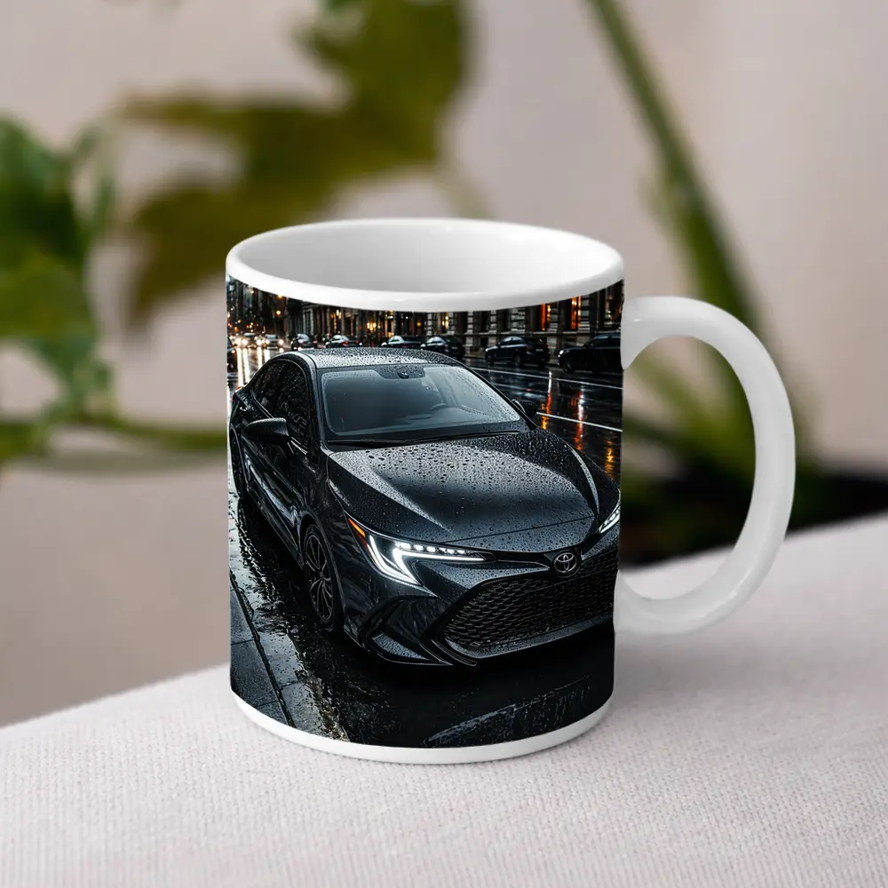 Toyota Corolla Black Rain Wet City Street – Mugs