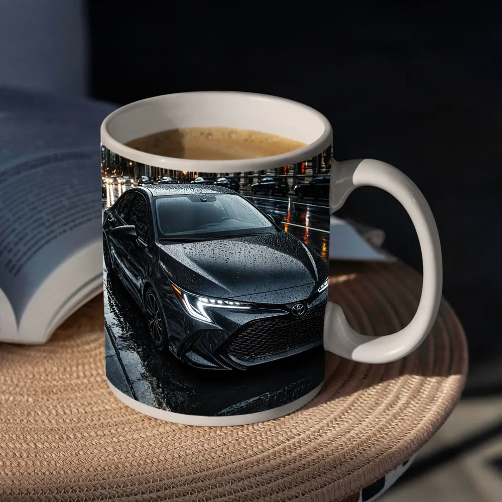 Toyota Corolla Black Rain Wet City Street – Mugs