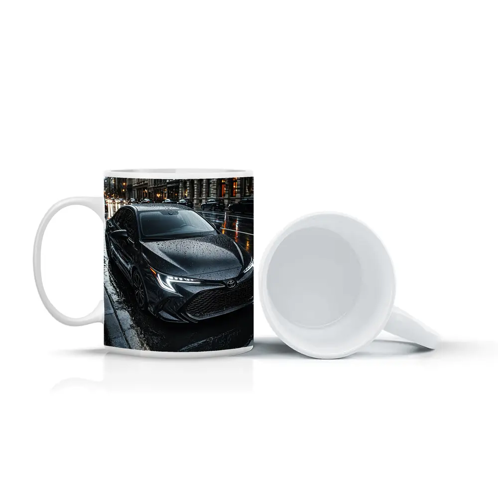 Toyota Corolla Black Rain Wet City Street – Mugs