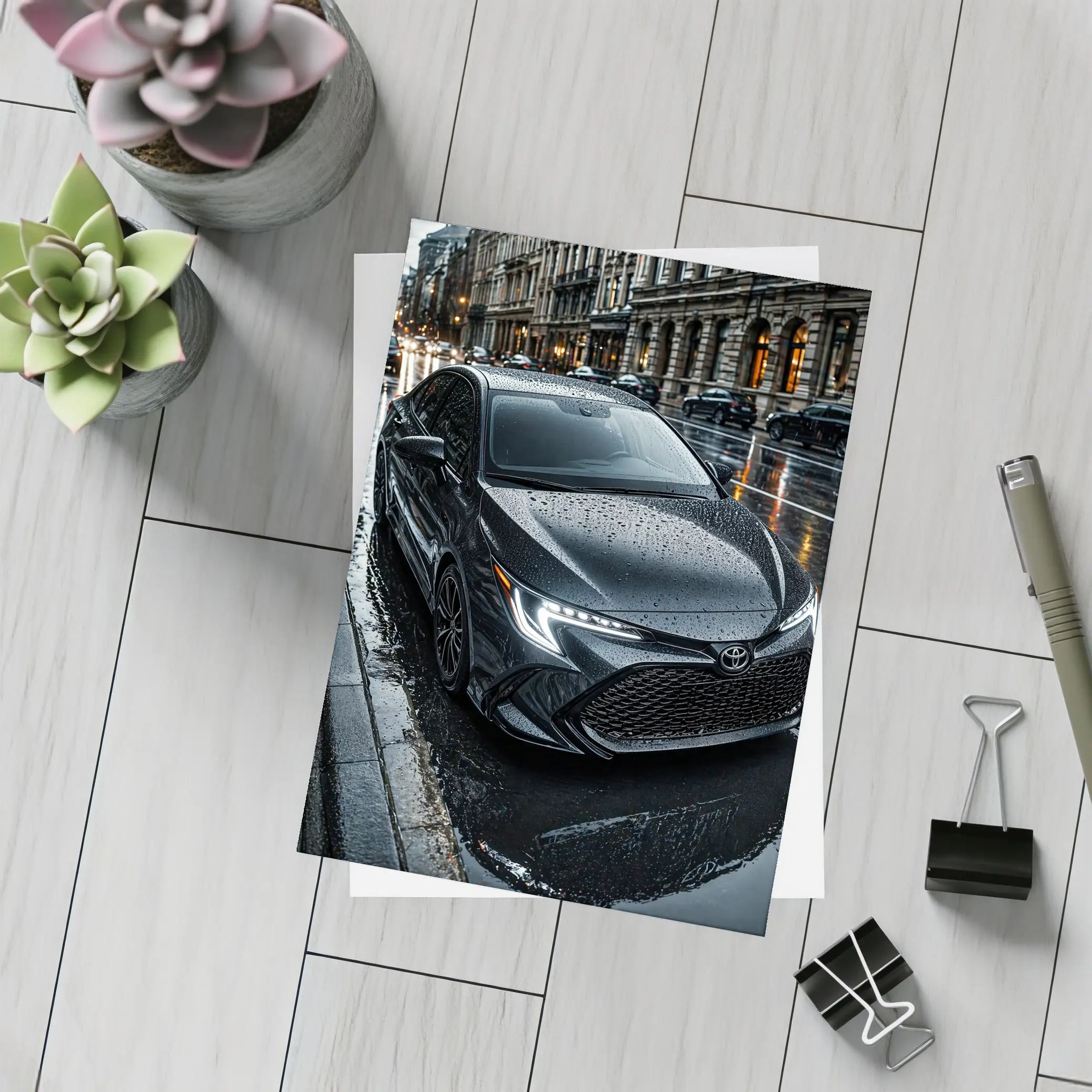 Toyota Corolla Black Rain Wet City Street – Postcards