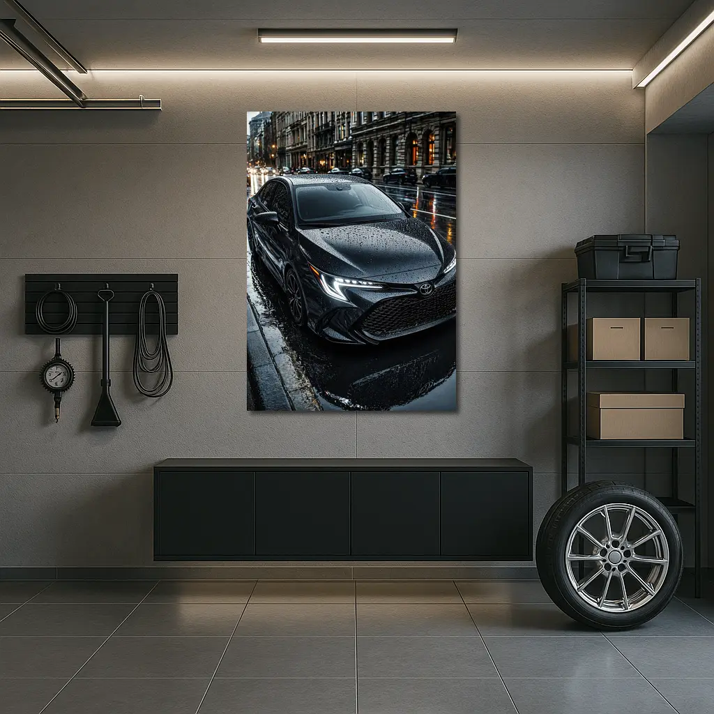 Toyota Corolla Black Rain Wet City Street – Wall Art