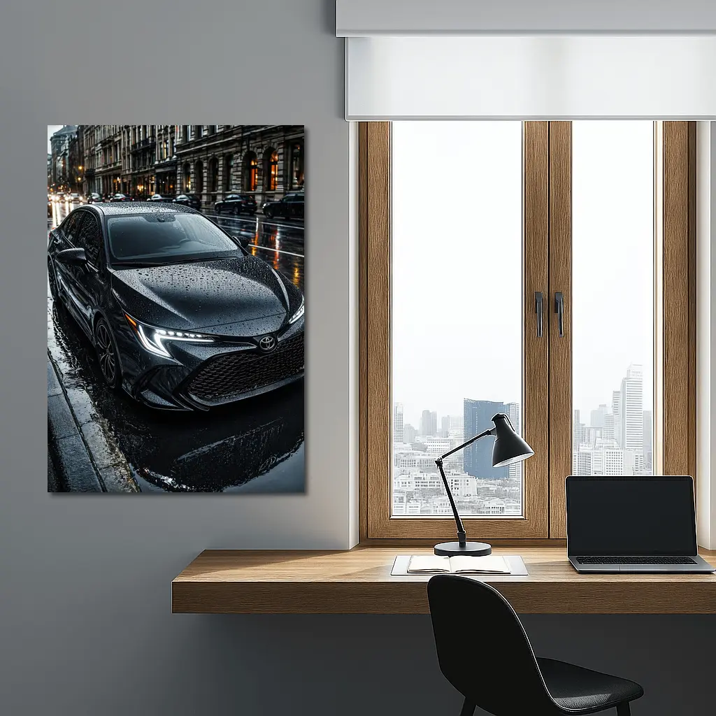 Toyota Corolla Black Rain Wet City Street – Wall Art