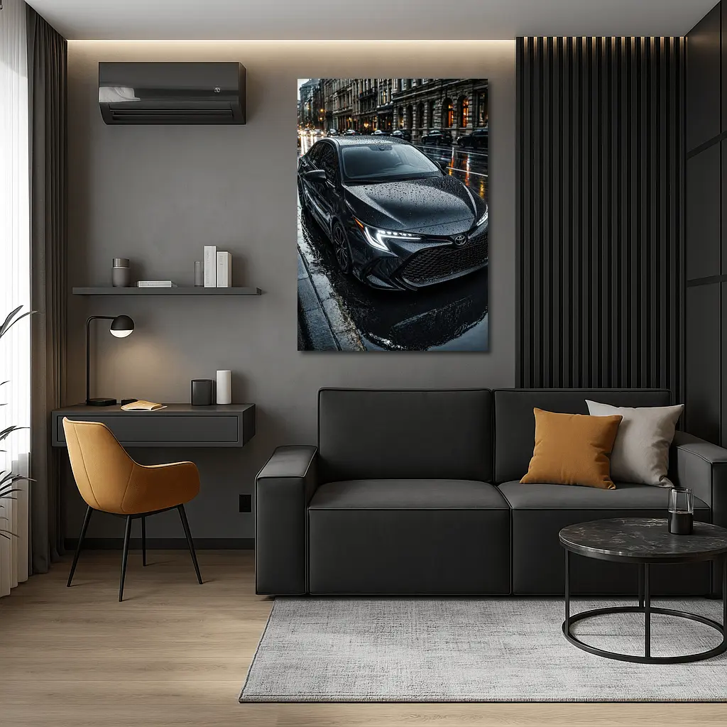 Toyota Corolla Black Rain Wet City Street – Wall Art