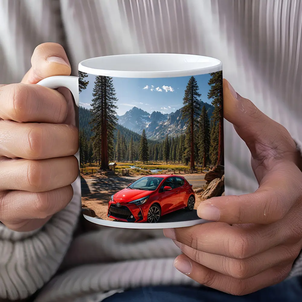 Toyota Yaris Red Hatchback Mountain Forest Setting – Mugs