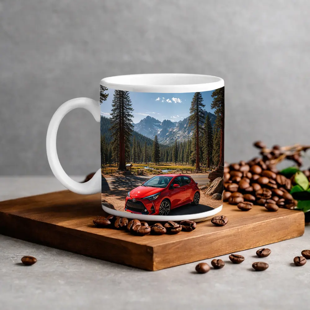 Toyota Yaris Red Hatchback Mountain Forest Setting – Mugs