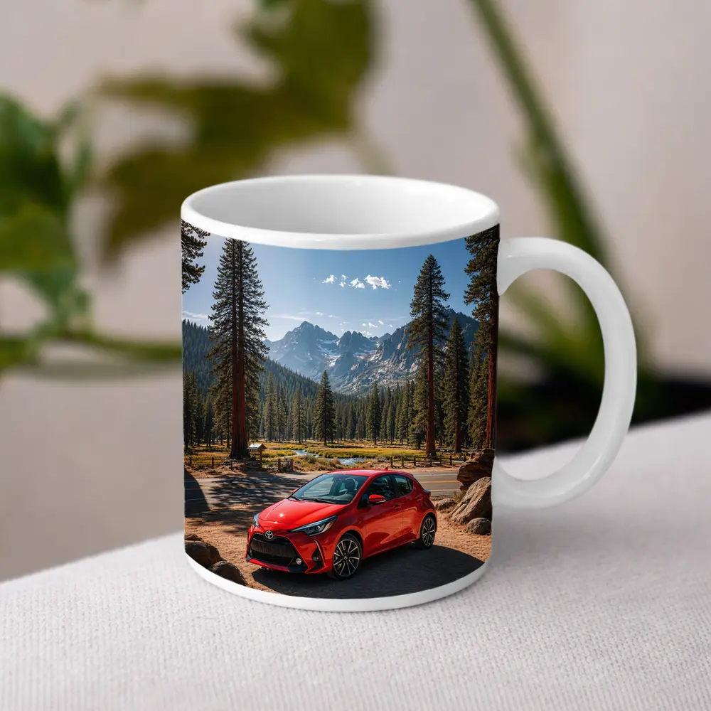 Toyota Yaris Red Hatchback Mountain Forest Setting – Mugs