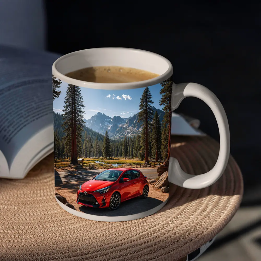 Toyota Yaris Red Hatchback Mountain Forest Setting – Mugs