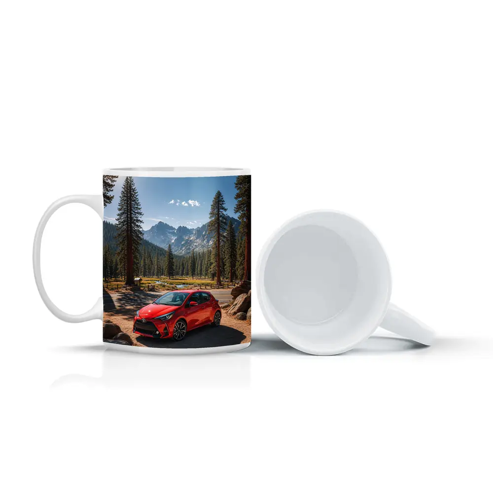 Toyota Yaris Red Hatchback Mountain Forest Setting – Mugs