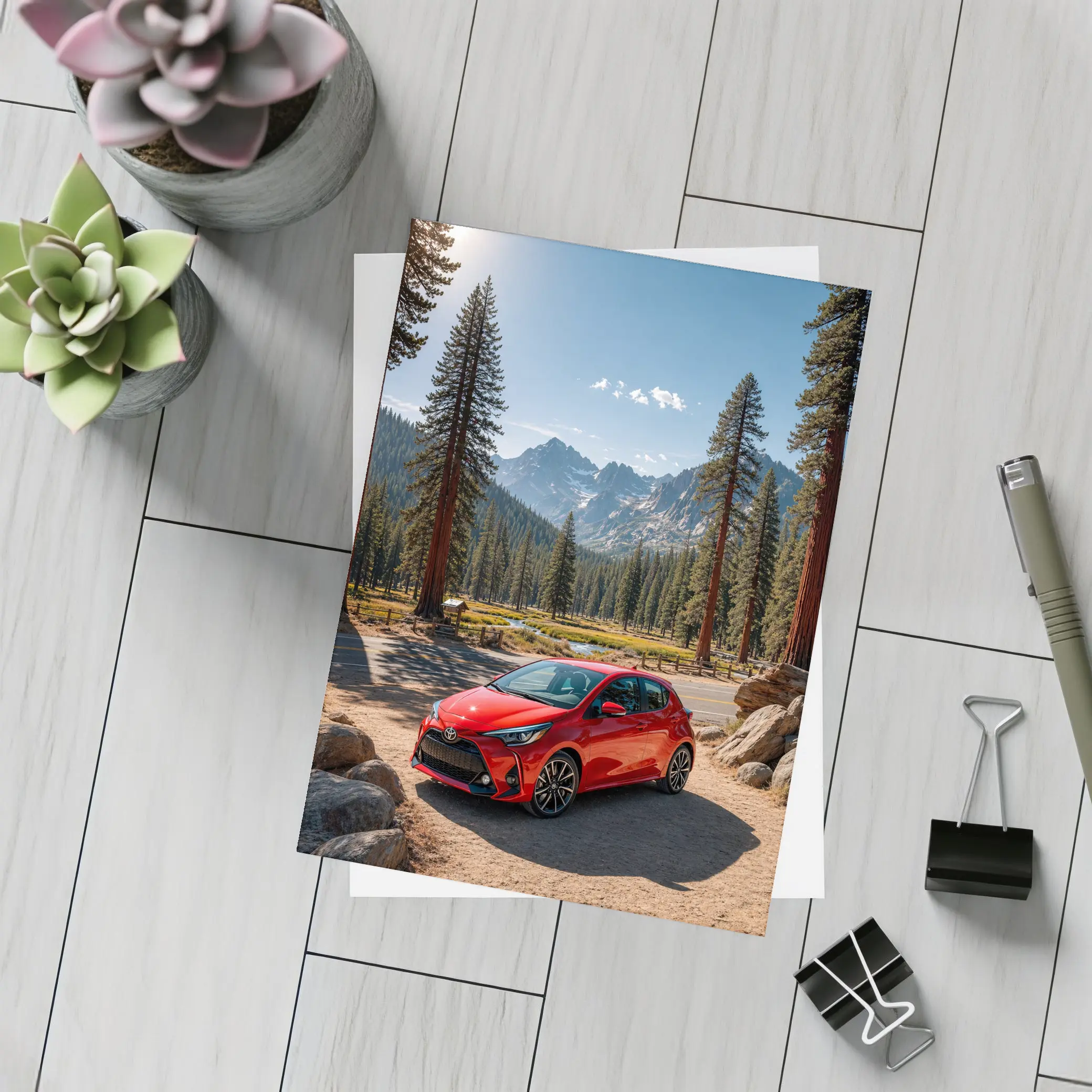 Toyota Yaris Red Hatchback Mountain Forest Setting – Postcards