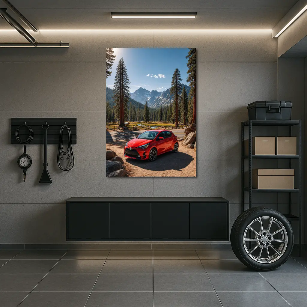 Toyota Yaris Red Hatchback Mountain Forest Setting – Wall Art