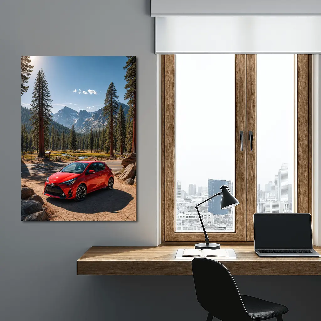 Toyota Yaris Red Hatchback Mountain Forest Setting – Wall Art