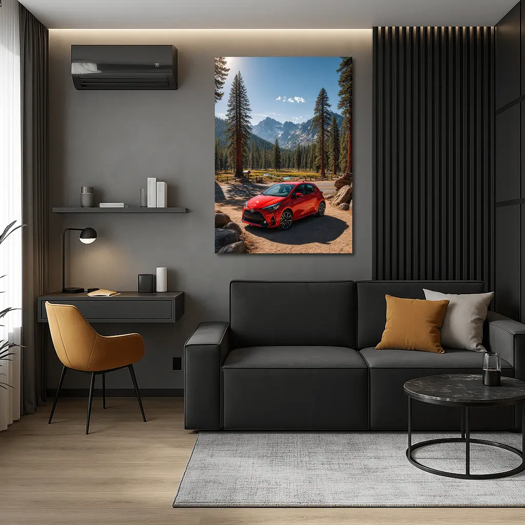 Toyota Yaris Red Hatchback Mountain Forest Setting – Wall Art