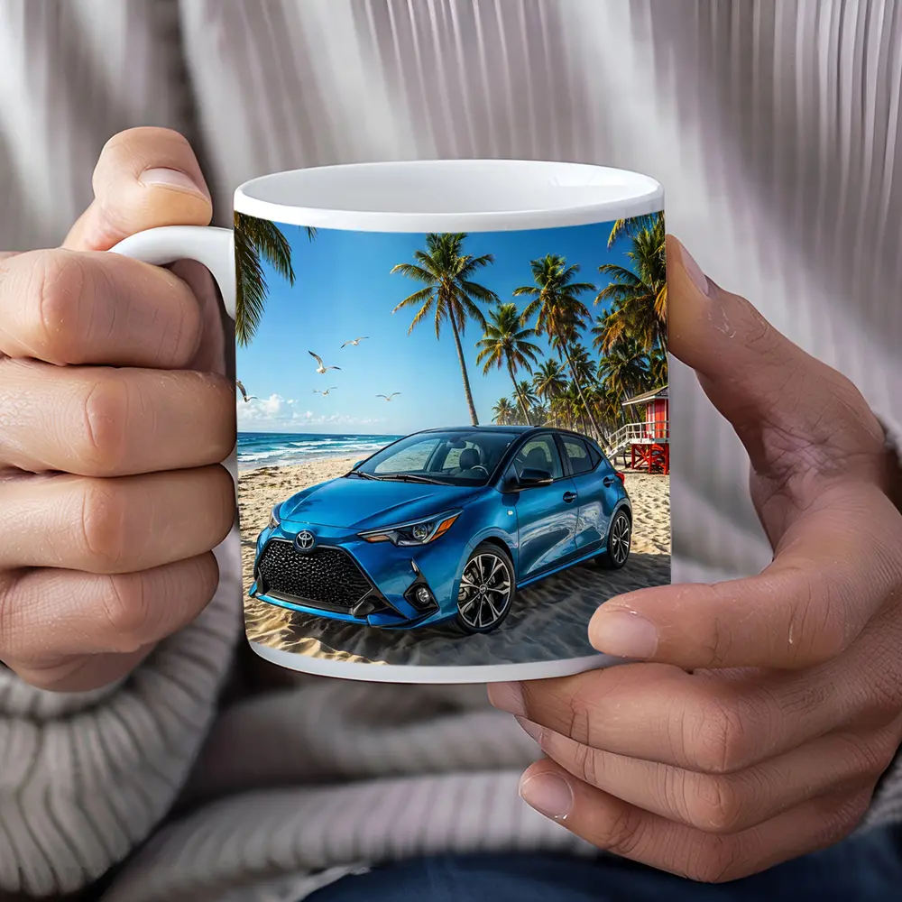 Toyota Yaris Blue Hatchback Beach Setting – Mugs