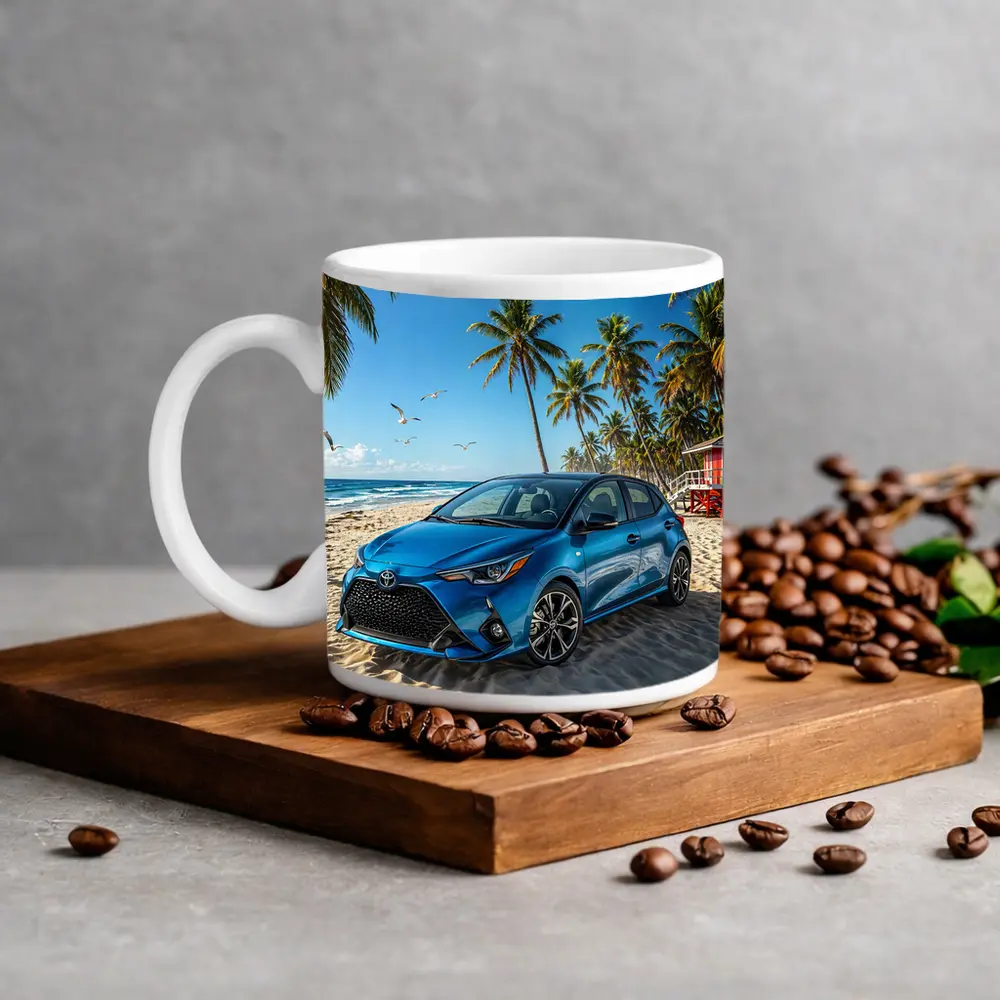 Toyota Yaris Blue Hatchback Beach Setting – Mugs